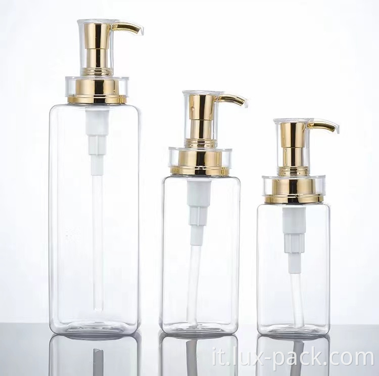 Pompa cosmetica in oro di lusso in fabbrica 500 ml bottiglia di shampoo in plastica quadrata quadrata personalizzata